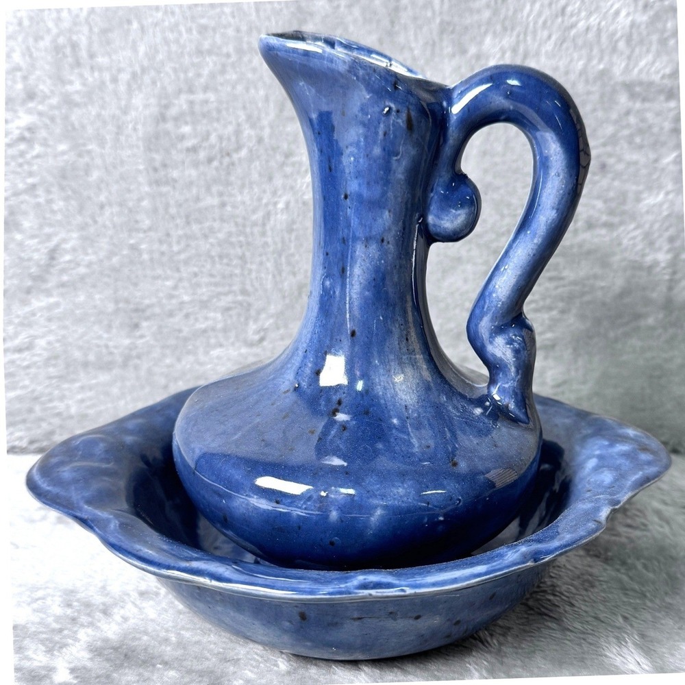 Artisan Blue Pottery Pitcher & Bowl Set Vintage‎ Hand Thrown Studio Stoneware